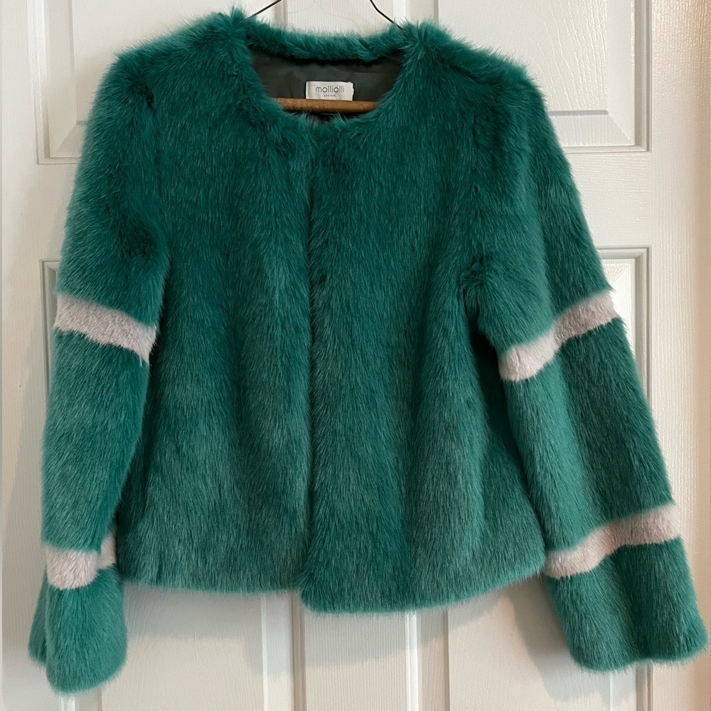 Like New Faux Fur Coat Beautiful turquoise green color white stripes on arms.